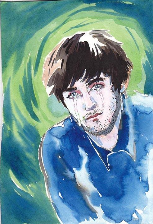 Lizza Littlewort. "'Crying Boy' reaches puberty, grows facial hair." Watercolour experiment.