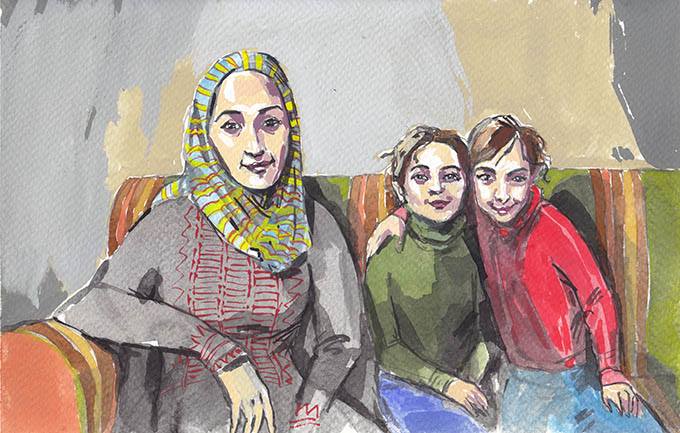 A mother and two little girls, Palestine.