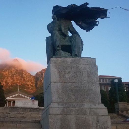 Rhodes statue, head covered in garbage bags. University of Cape Town, 17 March 2015. Photo: Rosemary Lombard